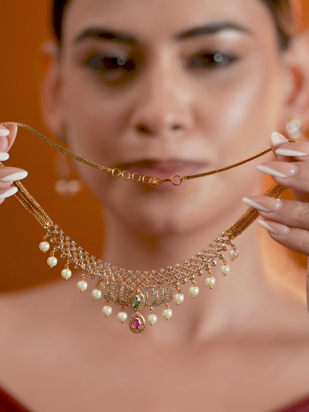 Lotus Motif American Diamond Zirconia Necklace Set