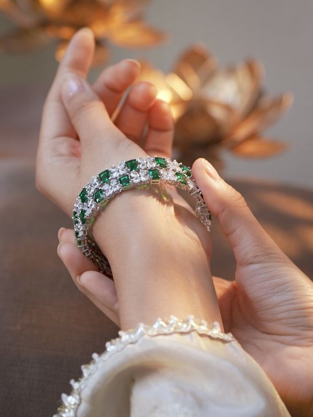 Rubans Set of 2 Rhodium-Plated Emerald Green & White Cubic Zirconia Studded Bangles