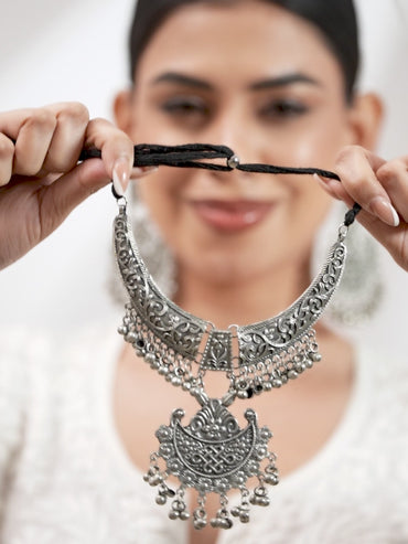 Oxidized Silver Beaded Floral Necklace Set