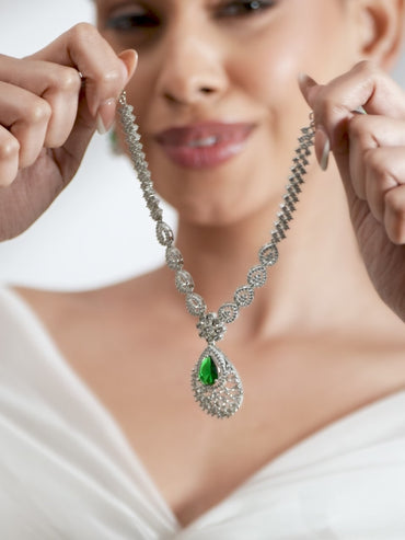 American Diamond Zirconia Emerald Floral Necklace Set