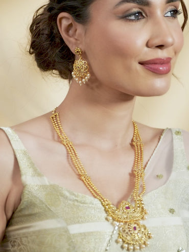 Rubans Gold Plated Hand Crafted Eligant Mutlti -Strand Temple Necklace Set