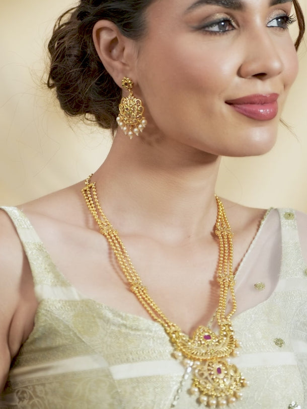 Rubans Gold Plated Hand Crafted Eligant Mutlti -Strand Temple Necklace Set