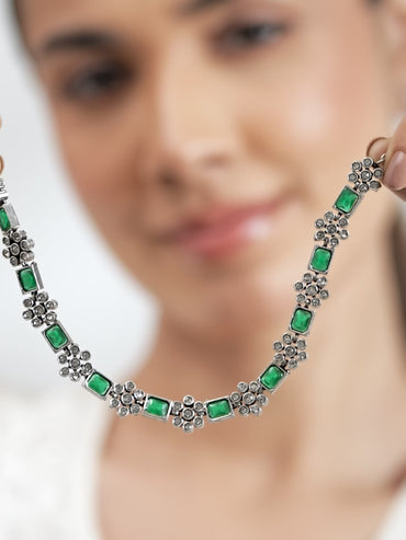 Rubans Oxidised Silver Plated Handcrafted Green Stone Floral Necklace Set