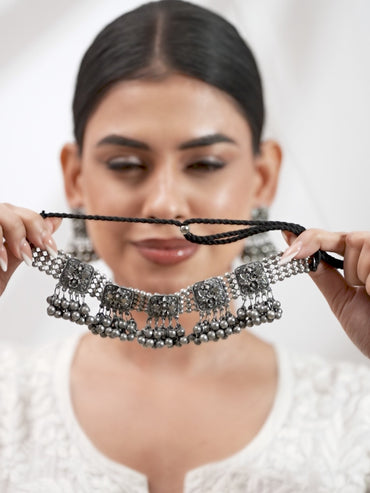 Oxidized Silver Bead Work Necklace Set