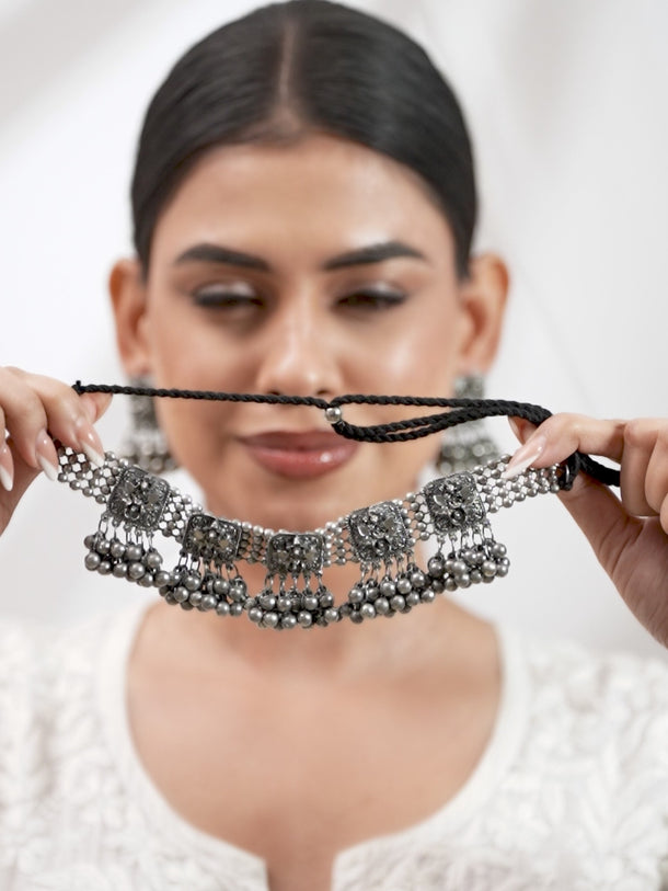 Oxidized Silver Bead Work Necklace Set