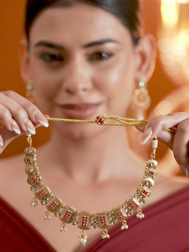 Rectangle Motif Pearl Golden Necklace Set