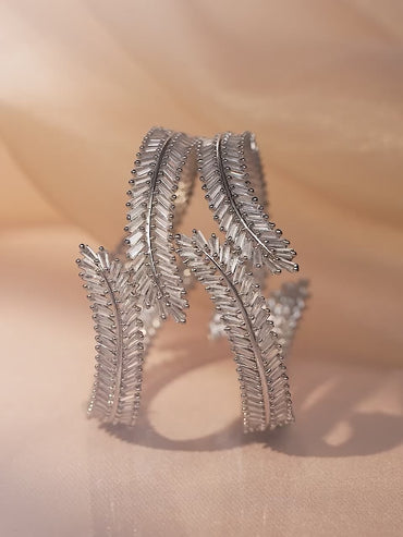 Rubans Set of 2 Rhodium-Plated AD & Cubic Zirconia Studded Premium Bangles