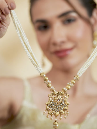 Rubans 22K Gold-Plated White Kundan & Pearl Studded and Beaded Multi-Strand Necklace Set