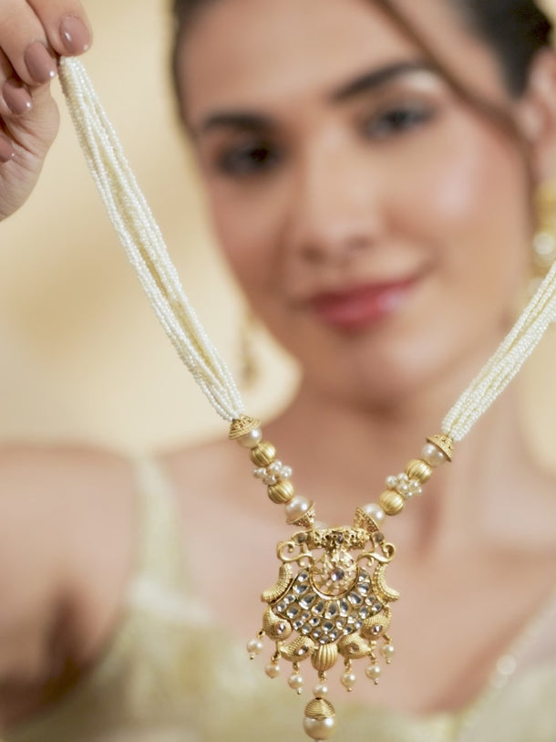 Rubans 22K Gold-Plated White Kundan & Pearl Studded and Beaded Multi-Strand Necklace Set