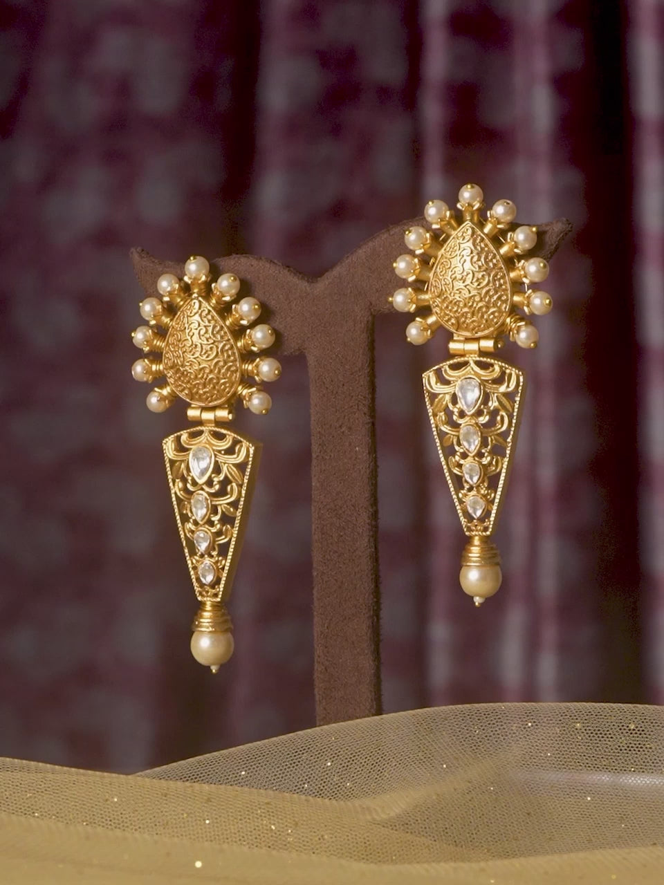 Rubans 22K Gold Plated Drop Earrings With Studded Stone And Pearls