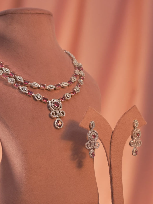Red American Diamond Zirconia Layered Necklace Set