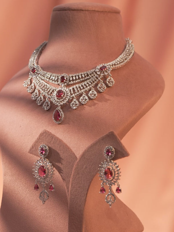 Red American Diamond Zirconia Sunburst Necklace Set