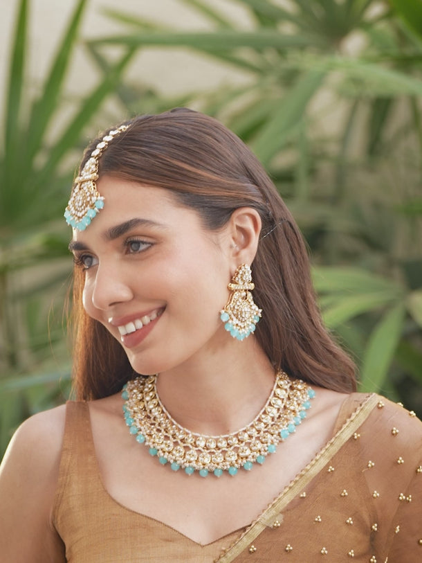 Rubans 22K Gold-Plated White Kundan Studded & White Pearls & Blue Bead Drops Handcrafted Bridal Necklace Set