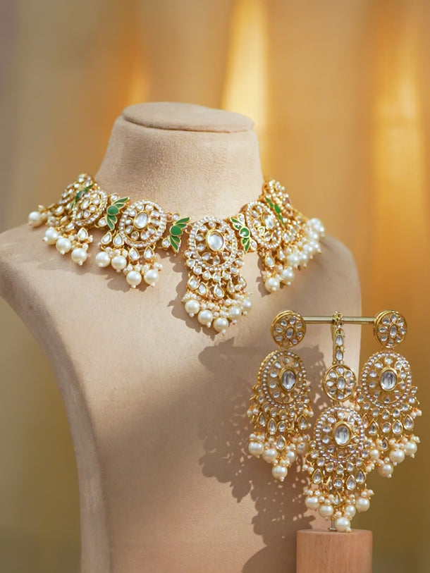 Dainty Green & White Necklace Set