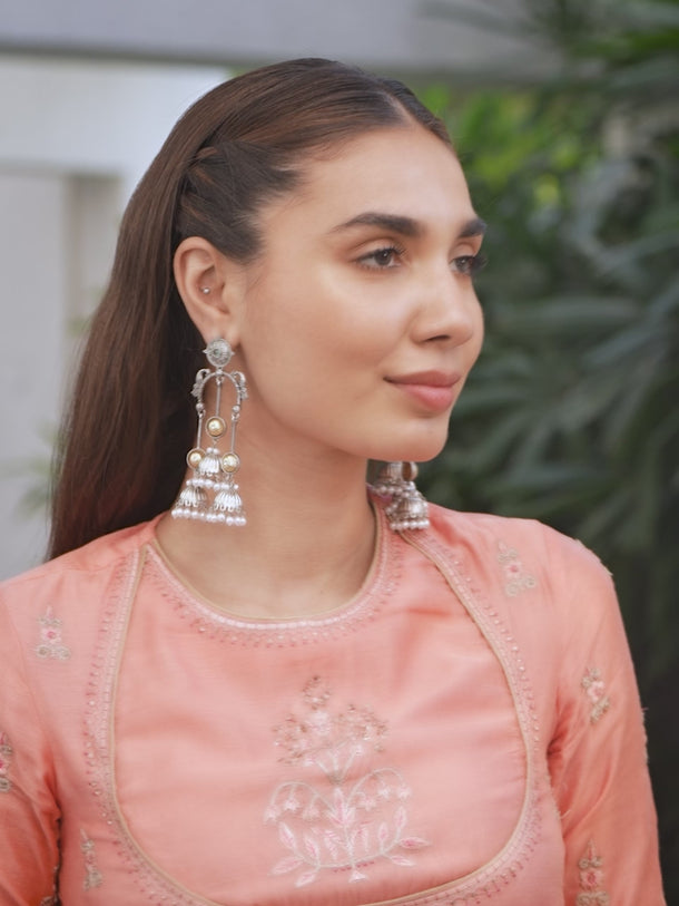 Festive Pearl Cascades Silver Long Jhumkas