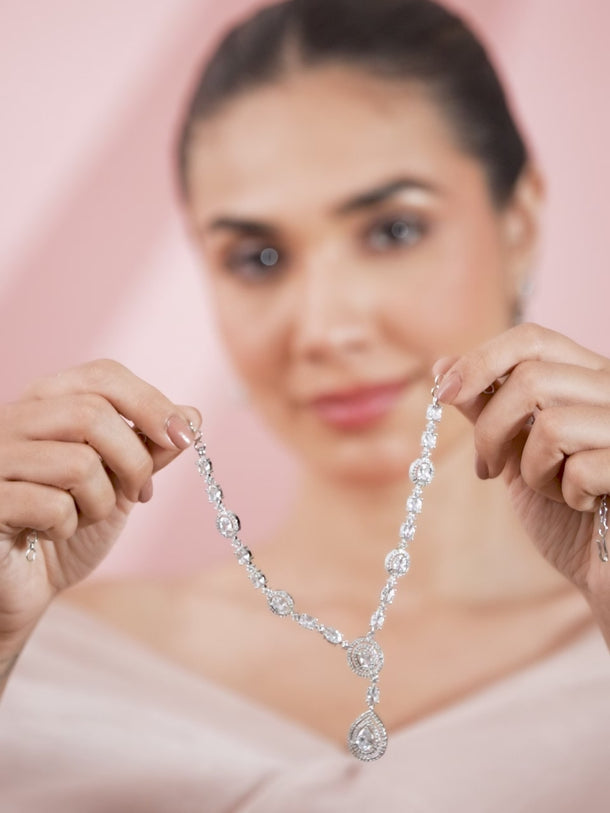 Teardrop Studded Necklace Set in American Diamond Zirconia