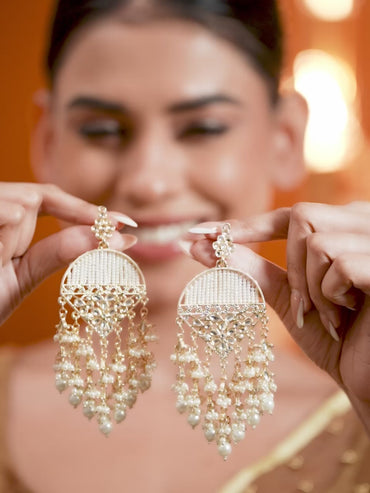 Rubans 18K Gold Plated Kundan Work and Off-White Pearl Beaded Handcrafted Big Chandelier
