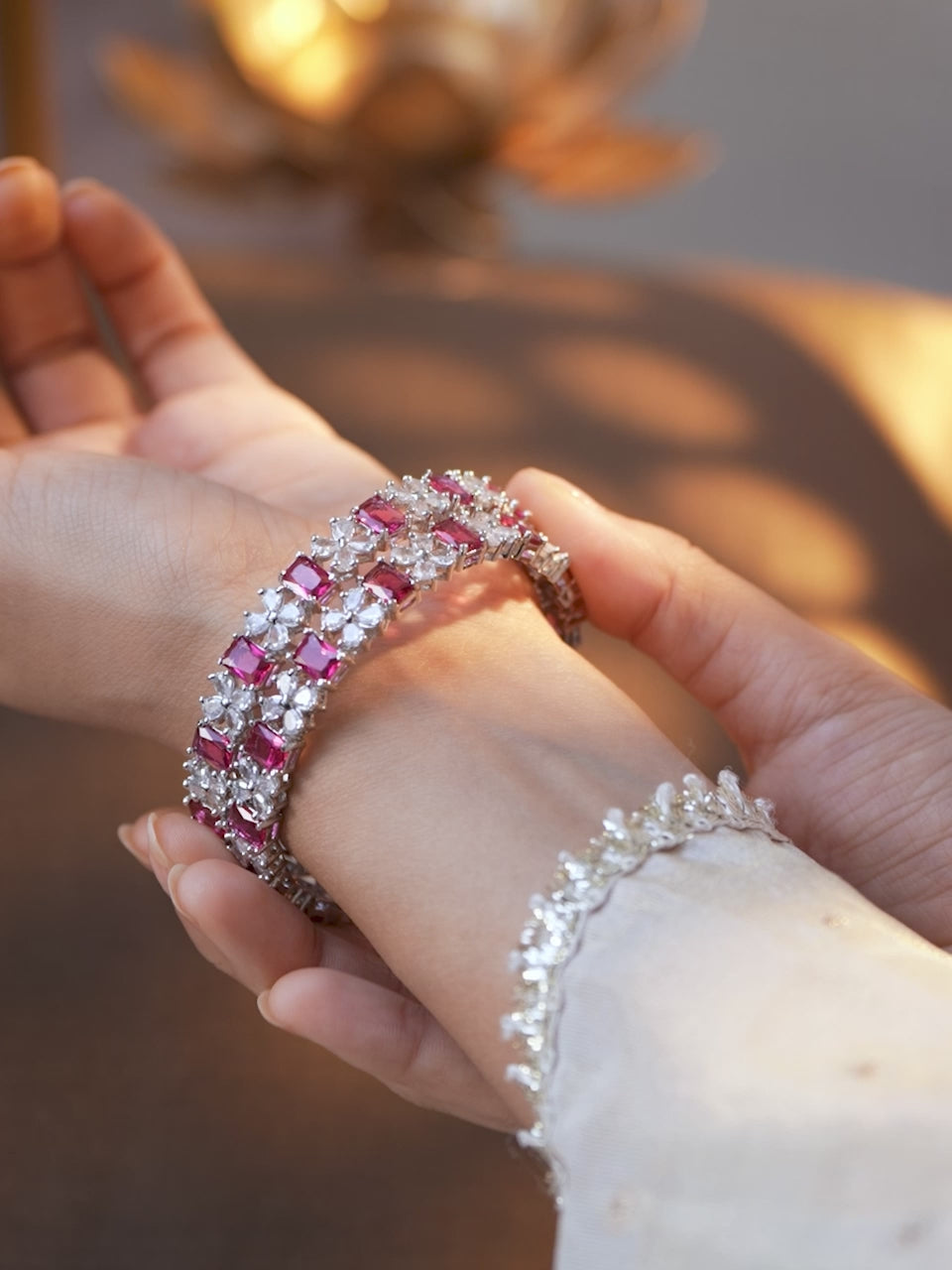 Rubans Set of 2 Rhodium-Plated Ruby Pink & White Cubic Zirconia Studded Bangles