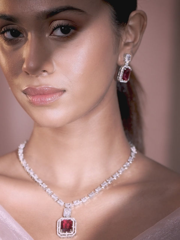 American Diamond Zirconia Ruby Red Necklace Set