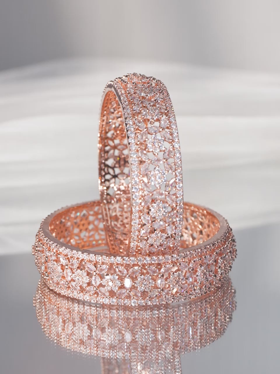 Rubans Set of 2 22K Rose Gold Plated Cubic Zirconia Stone Studded Floral Design Bangles