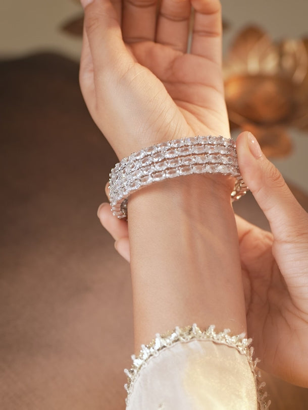 Rubans Set Of 4 Rhodium-Plated Crystal AD & Cubic Zirconia Stone Studded Premium Bangles