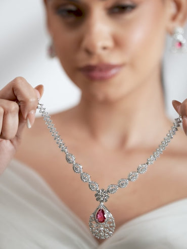 American Diamond Zirconia Red Necklace Set