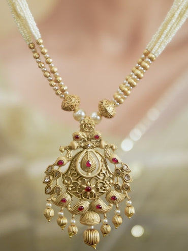 Rubans 24K Gold Plated Ruby Studded Golden & Pearl Beaded MultiStrand Temple Jewellery Set