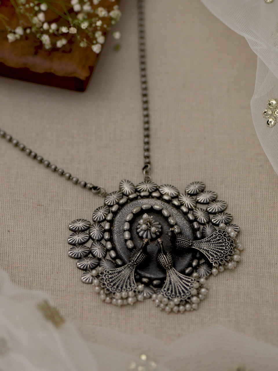 Rubans Silver Oxidised Necklace With Elegant Peacock Design