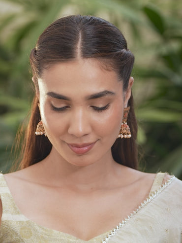 Rubans 24K Gold Plated Enamel Handpainted & White Beaded Filigree Jhumka Earrings
