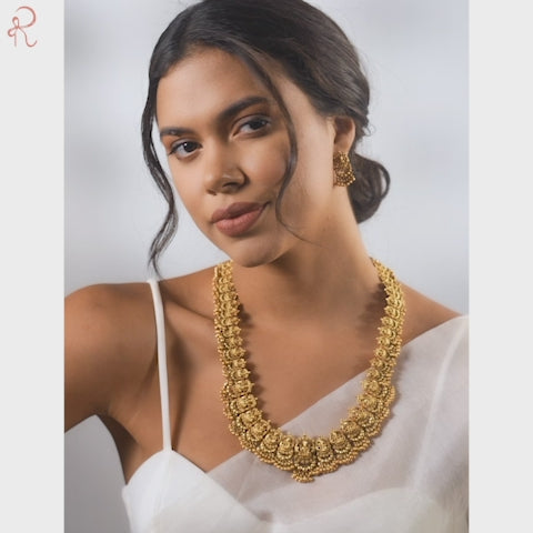 Rubans 22K Gold-Plated Divine Lakshmi Motif Temple Jewellery Set with Gold Bead Accents