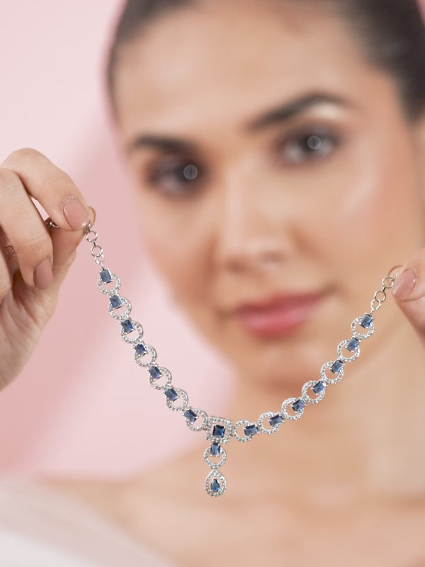 Studded American Diamond Zirconia Blue Necklace Set