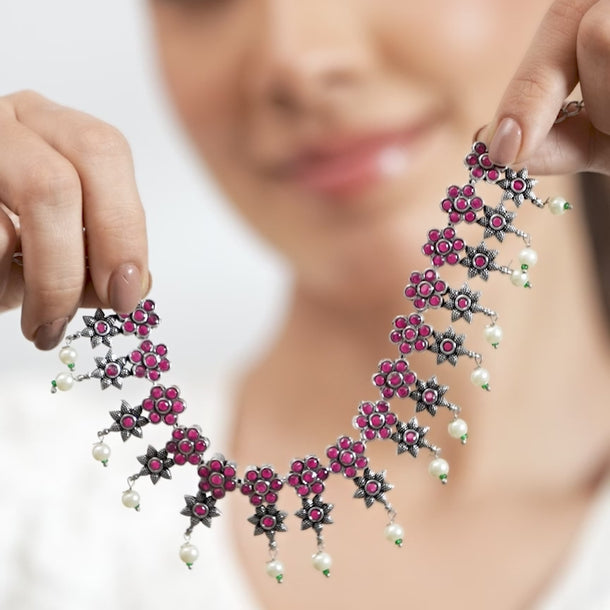 Rubans Oxidised Silver Plated Embellished With Faux Ruby Floral Necklace Set