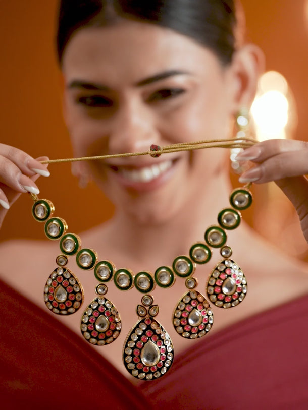 Artistic Red Green Kundan Necklace Set
