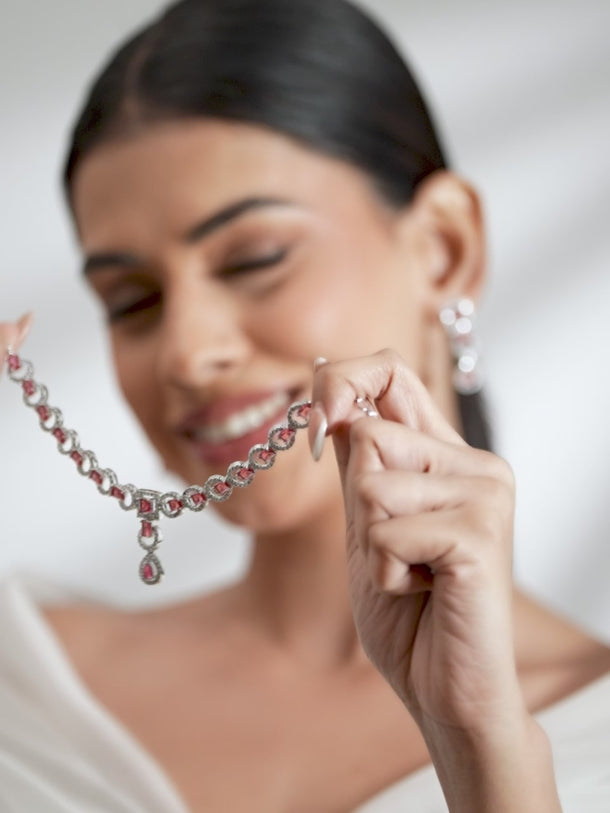 American Diamond Zirconia Pink Cubic Necklace Set