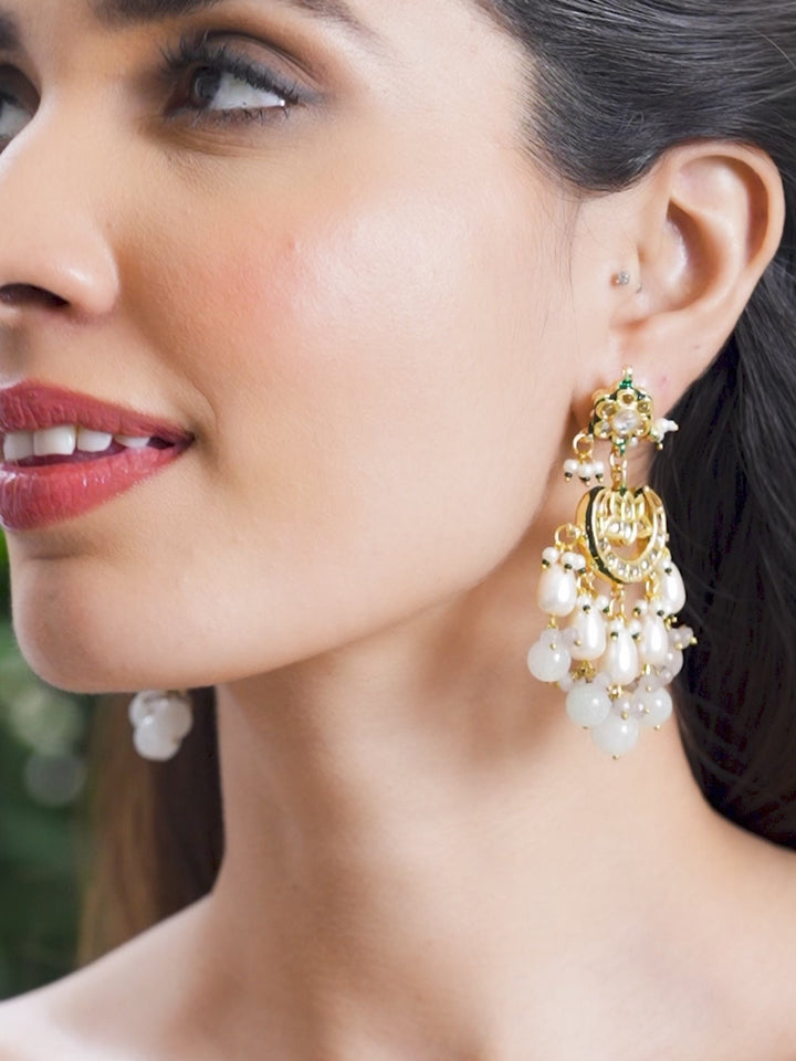 Rubans 22K Gold plated kundan crystal with pearls and pastel beaded Regal chandbali earrings