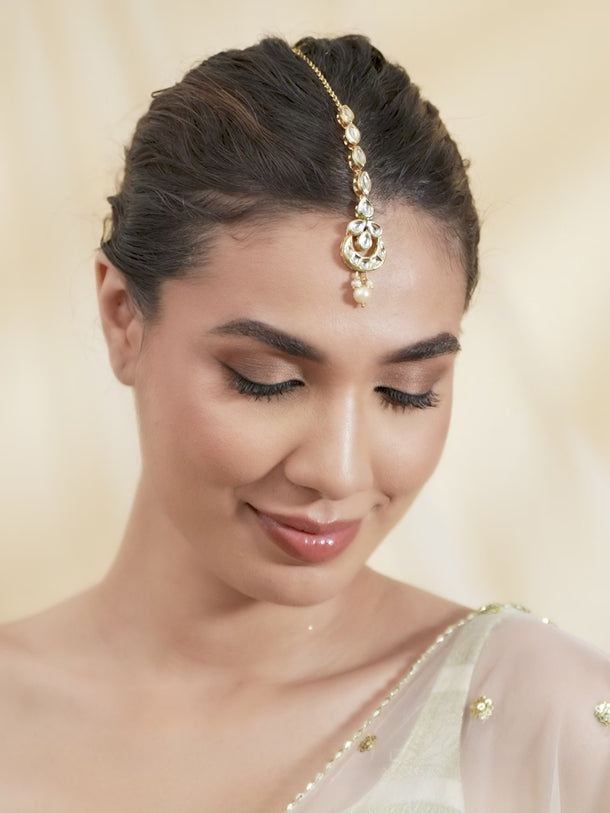 Rubans 24K Gold-Plated White Kundan & Pearls Studded Handcrafted Maangtikka