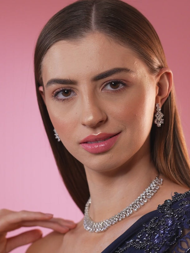 Rubans Rhodium-Plated White Cubic Zirconia Studded Statement Necklace Set