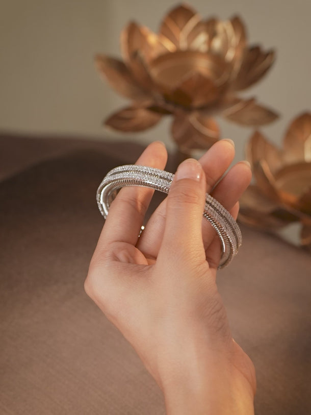 Rubans Set of 2, Rhodium-Plated Sparkling Cubic Zirconia Studded Premium Bangles