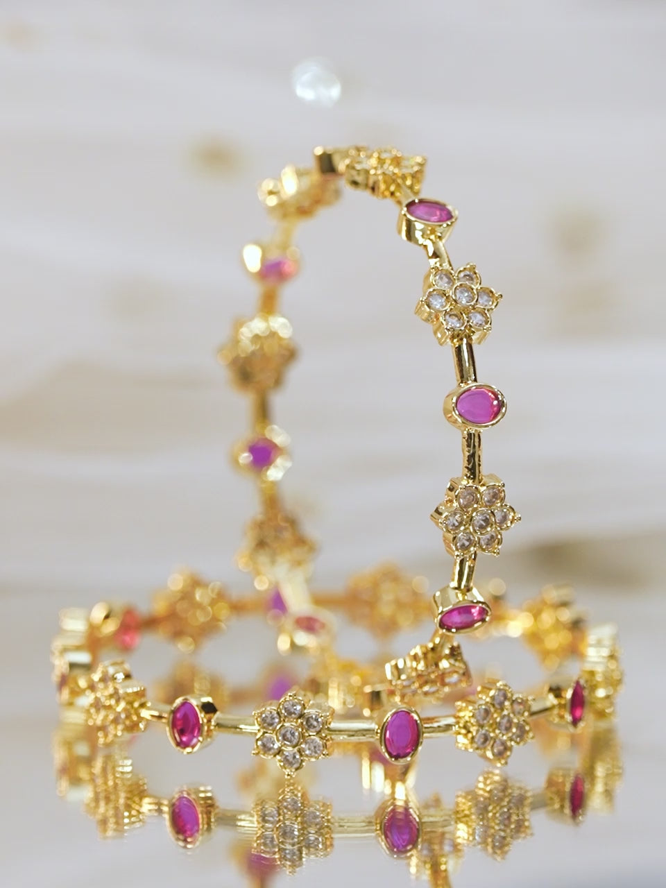 Rubans Set of 2, 22K Gold-Plated Ruby Pink & Cubic Zirconia Studded Handcrafted Bangles