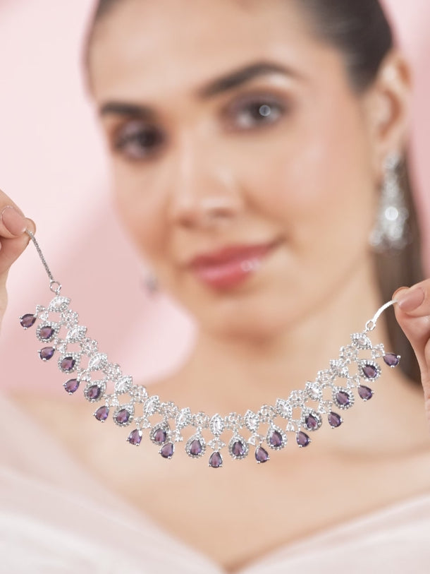 Purple Studded American Diamond Zirconia Necklace Set