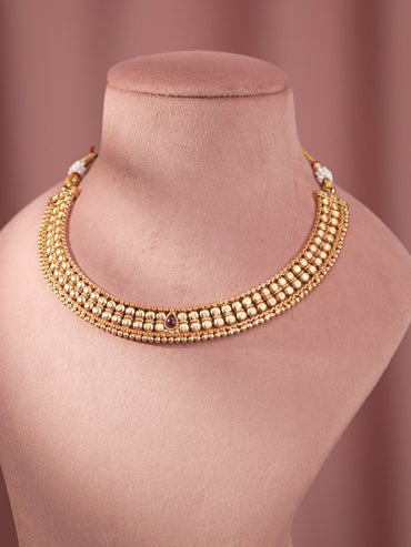 Rubans 22K Gold-Plated Ruby Pink & Kundan Studded Temple Necklace Set with Jhumka Earrings
