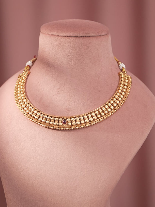 Rubans 22K Gold-Plated Ruby Pink & Kundan Studded Temple Necklace Set with Jhumka Earrings