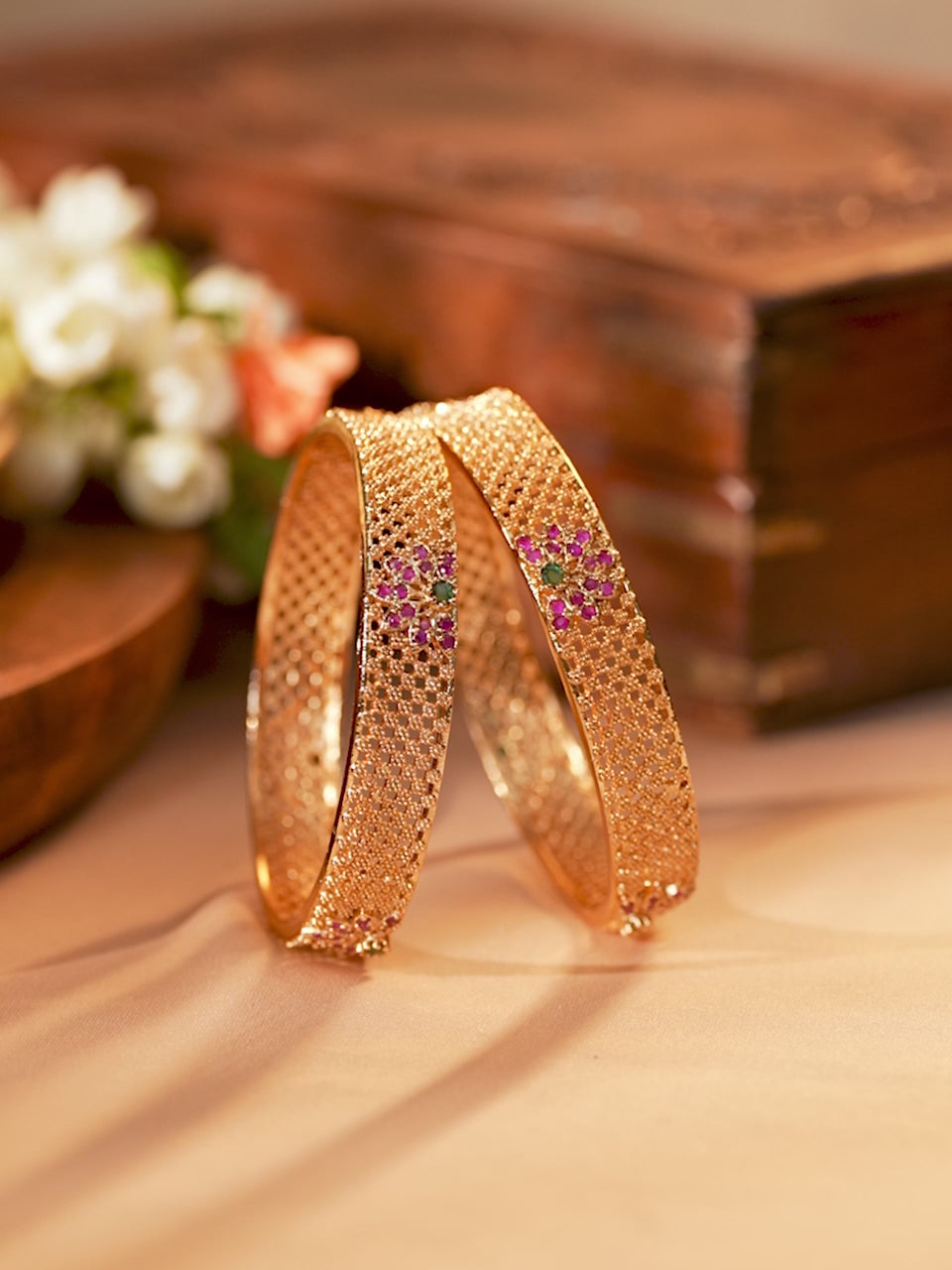 Rubans Set of 2 22K Gold Plated Ruby Pink & Emerald Green Stone Studded Bangles