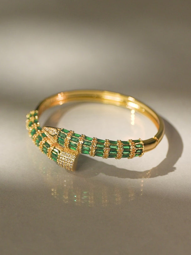 Rubans 22K Gold-Plated Snake Motif Bracelet with Honeycomb Design, Emerald & Zirconia