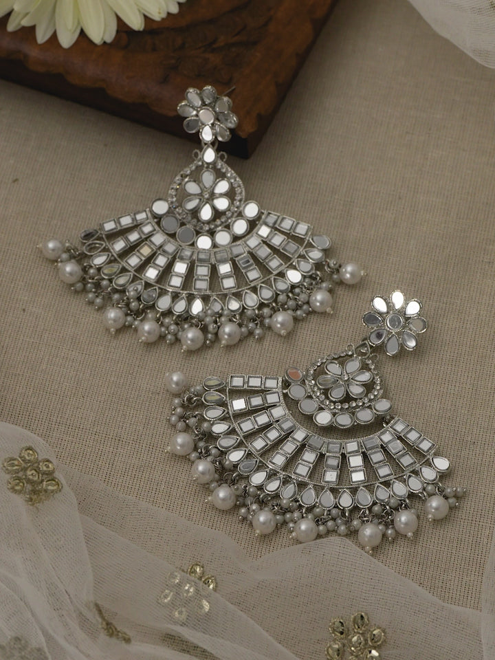 Rubans Silver Toned Mirror Studded Chandbali Earrings.