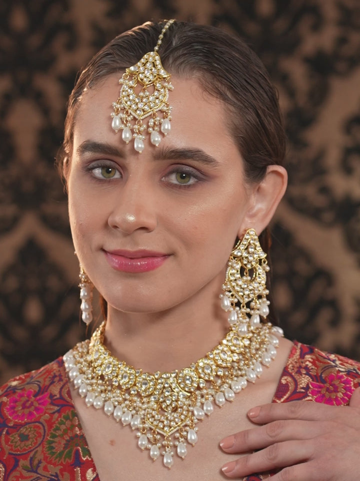 Rubans Gold-Plated White Stone Studded & Beaded Jewellery Set