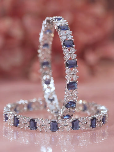 Rubans Set of 2 Rhodium-Plated Blue Sapphire & White Cubic Zirconia Studded Handcrafted Bangles