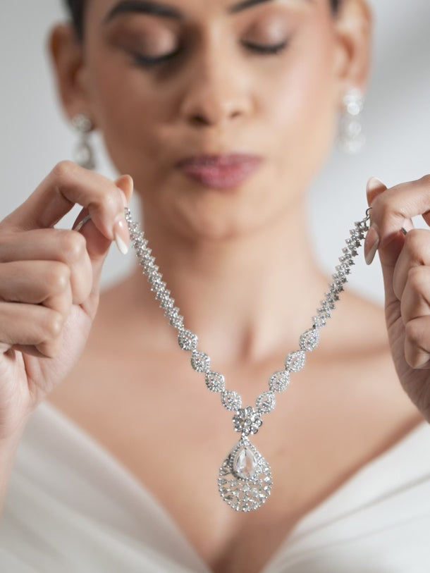 American Diamond Zirconia White Necklace Set