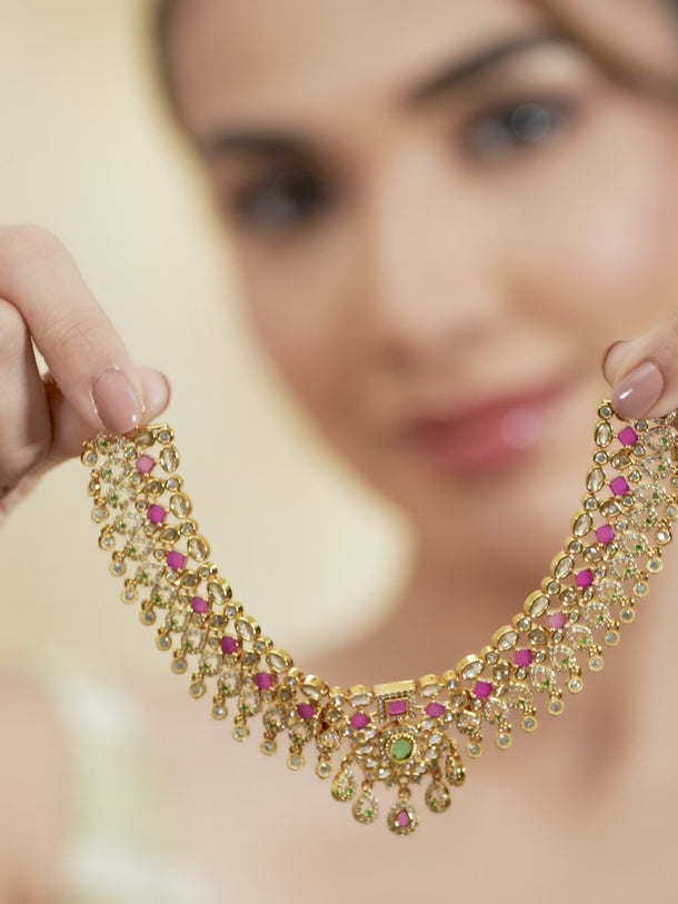 Timeless Red Green American Diamond Studded Short Necklace Set