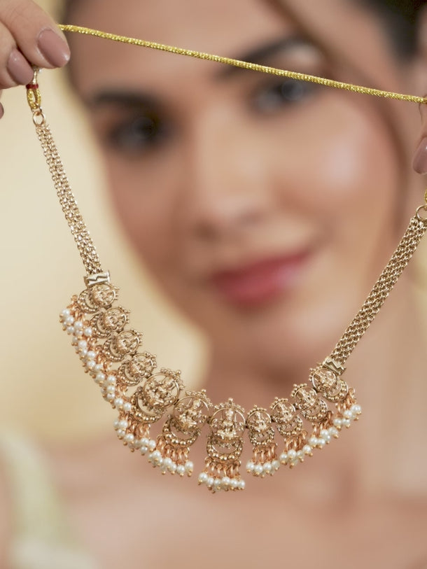 Laxmi Motif Golden Necklace Set with Pearl Drops